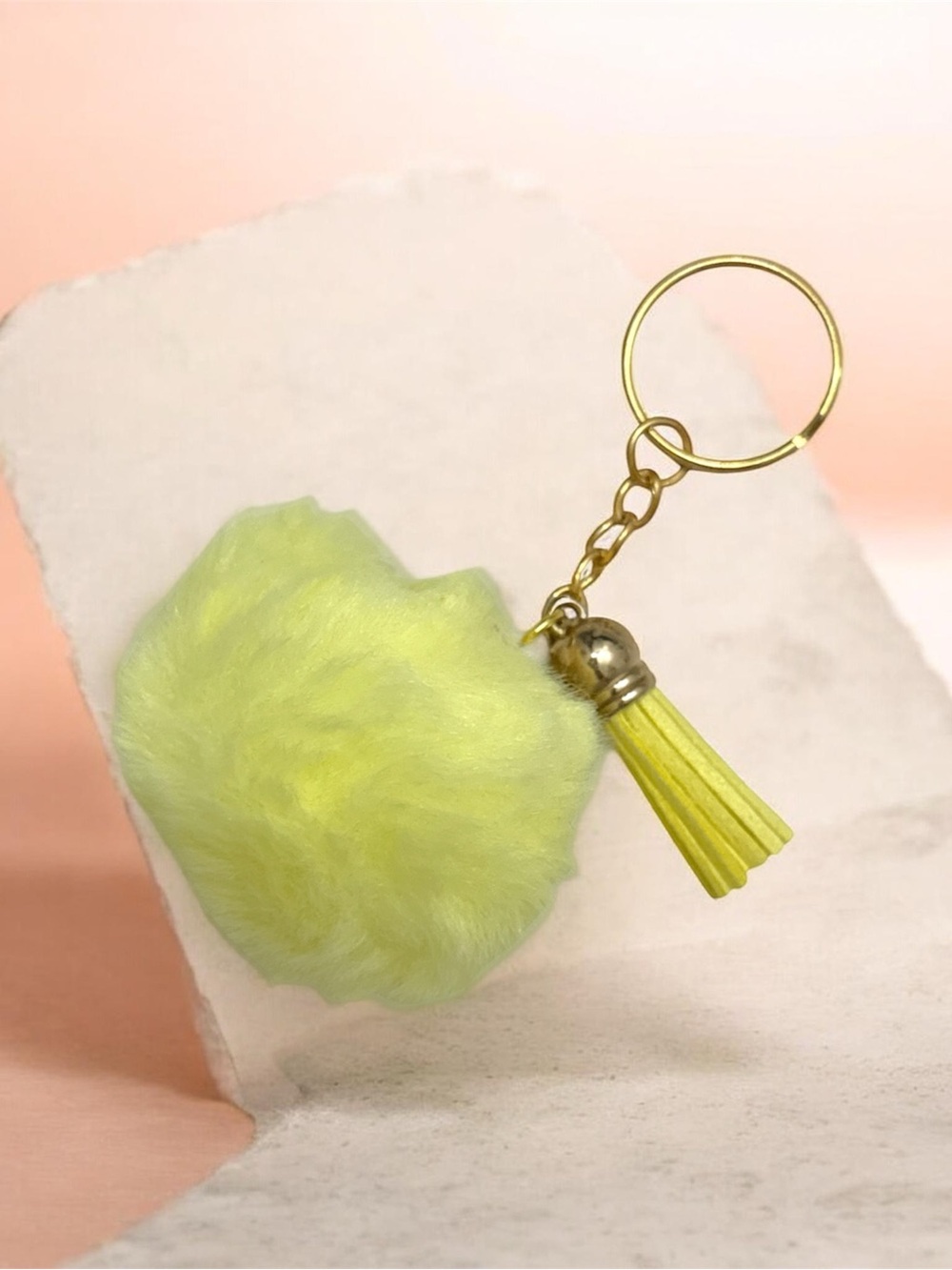 Faux Fur Pom Pom Keychain with Tassel - Neon Yellow